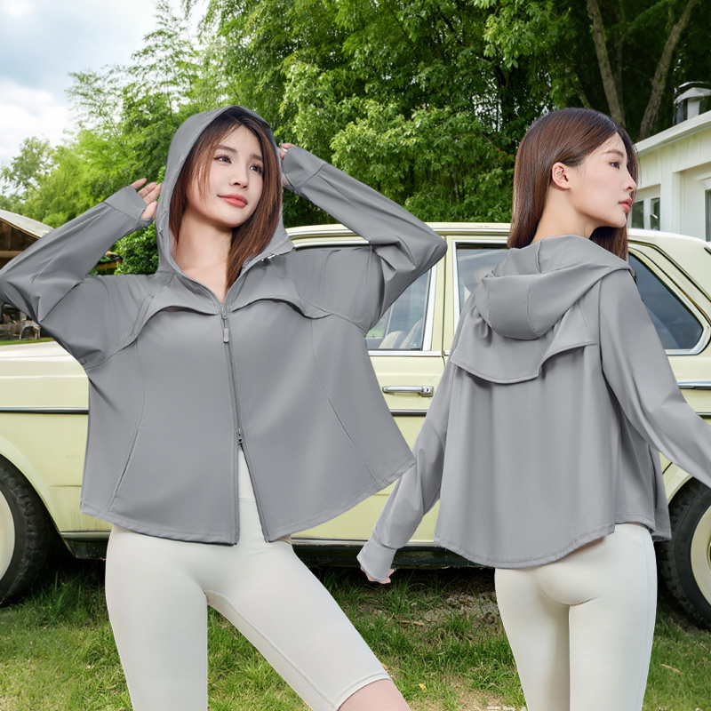 S01【Upgraded Four Pockets + Double Zipper】Nylon Original Yarn Ice Skin Hooded Breathable Sun Protection Clothing with Mesh on the Front and Back