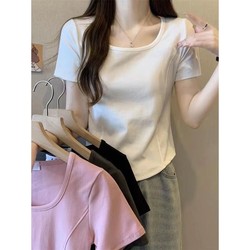 yi erkang 대형 크기 디자인 감각 불규칙한 밑단 곡선 짧은 소매 티셔츠 여름 뚱뚱한 소녀 MM은 육체를 덮고 날씬해 보인다