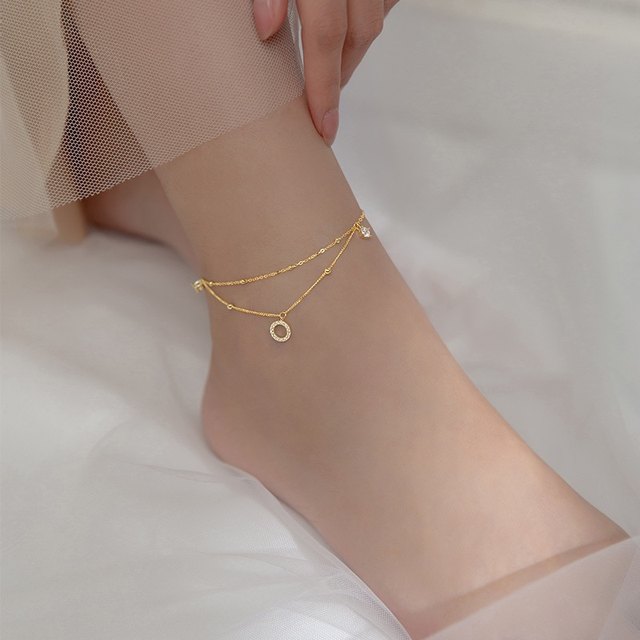 s925 silver sparkling diamond ring anklet spring and summer double layer simple temperament diamond ເຄື່ອງປະດັບຕີນຂອງແມ່ຍິງແບບເກົາຫຼີ S4722 ເຄື່ອງປະດັບເງິນ