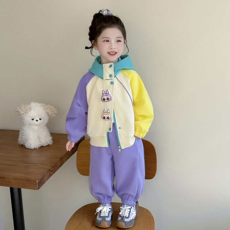 Girls' Cartoon Patchwork Color Matching Set, Autumn 2025 New Style, Baby Girl Hooded Casual Sports Two-Piece Set, Trendy