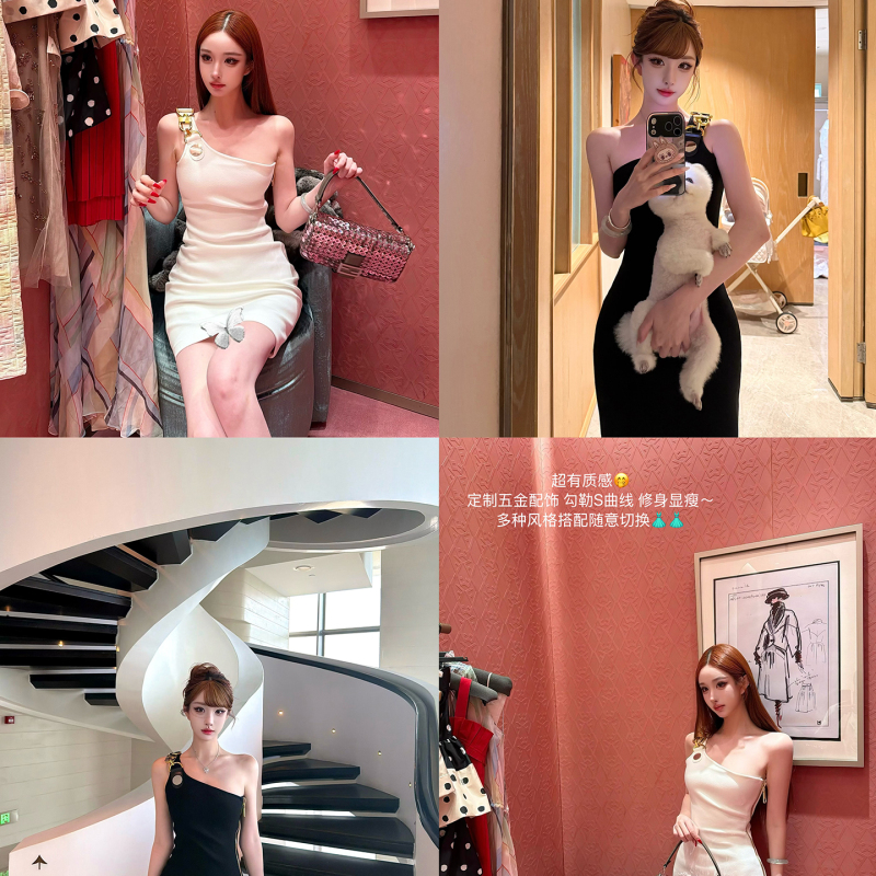 Moon Vera【High Society Life】1*V 4W+ Socialite Style One-Shoulder Dress Women's Short Formal Dress Elegant