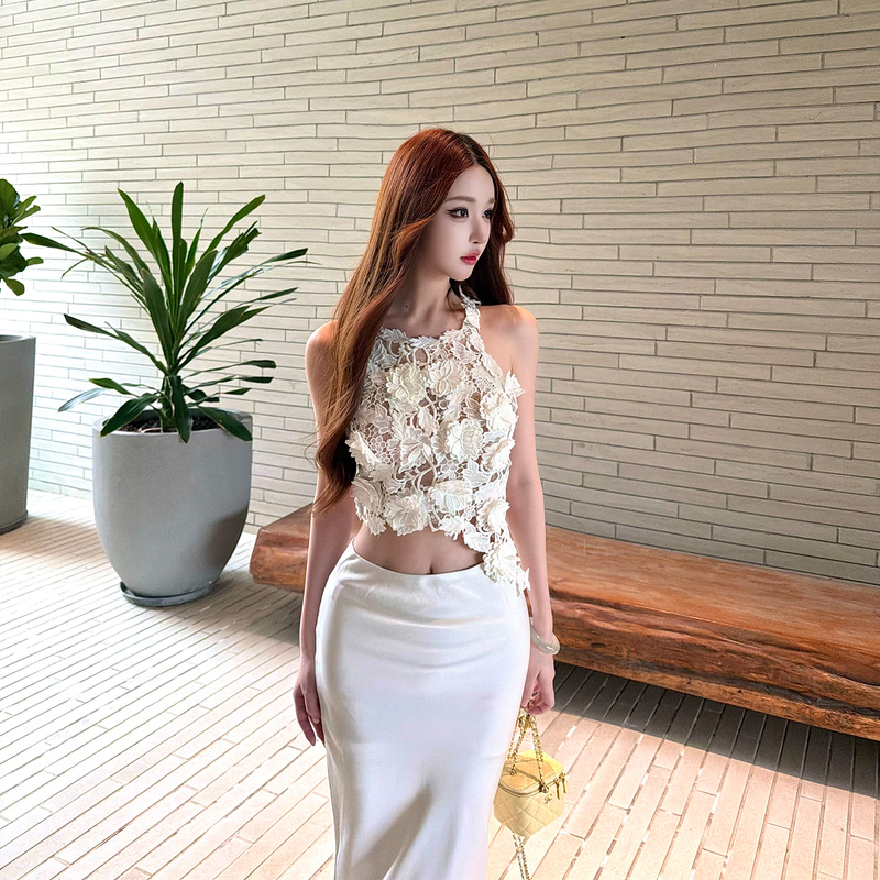 Moon Vera【Flower Prelude】E*S 5K+ Socialite Style Lace Hollow T-Shirt Women's Irregular Tank Top for Lunch Break
