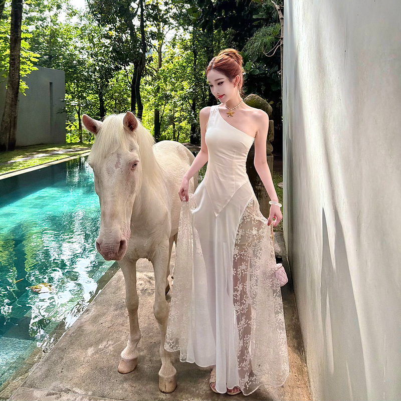 Moon Vera【White Horse Manor】Socialite Style French Fairy Lace Patchwork Dress Women's High-End Formal Dress