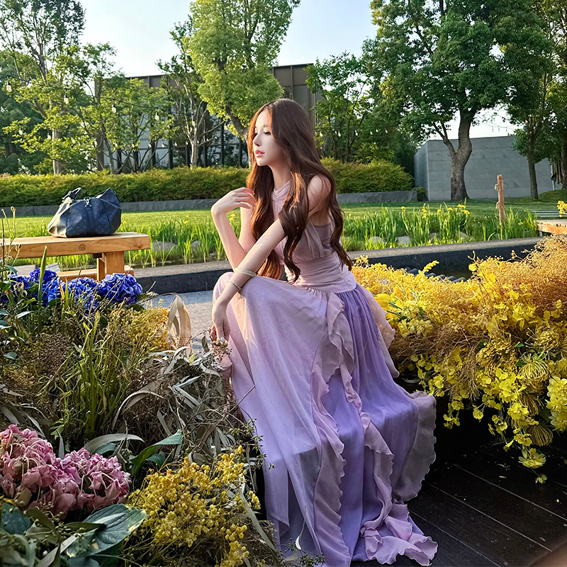 Moon Vera [Monet Beauty] Socialite Style High-End Dress Women's Heavy Craft Ruffle Long Dress Summer