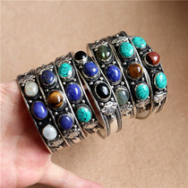 Nepal hand inlaid glass turquoise turquoise luminous stone multi-treasure bracelet National style Tibetan silver bracelet