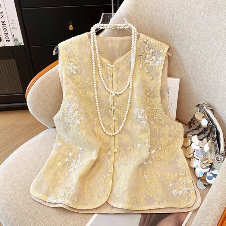 2025 Summer New Style New Chinese Style Heavy Embroidery Sequin Vest for Women, High-End Thin Waistcoat