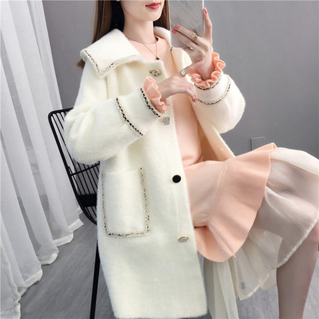 Western style imitation mink velvet coat women's coat mid-length autumn 2022 new large size ladies sweater knitted cardigan