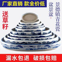 Absorbing stone base basin water stone basin rockery basin Narcissus water culture bonsai basin Oval potted blue and white porcelain flower pot
