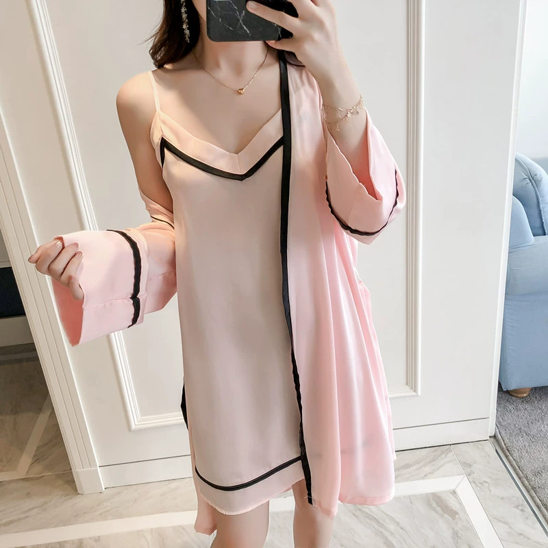 Counter cotton pyjama phụ nữ mùa xuân và mùa thu mỏng sexy sling băng lụa váy ngủ hai mảnh phục vụ tại nhà - Đêm đầm