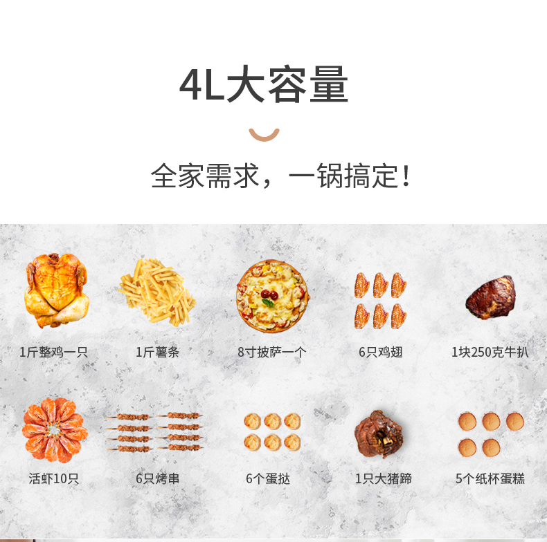 比依 空气炸锅 升级款陶瓷涂层 4L大容量 图3