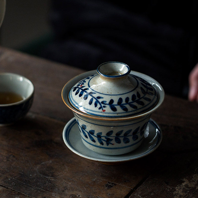 Jingdezhen Pottery Clay Green Flower Hand-painted Lid Bowl Imitation Ancient Glazed Colorful and Festive Flowers Three Bowls Coarse Pottery Kutifu Tea