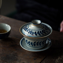 Jingdezhen pottery mud blue and white hand-painted bowl antique underglaze color happy character flower three bowl coarse pottery kung fu tea