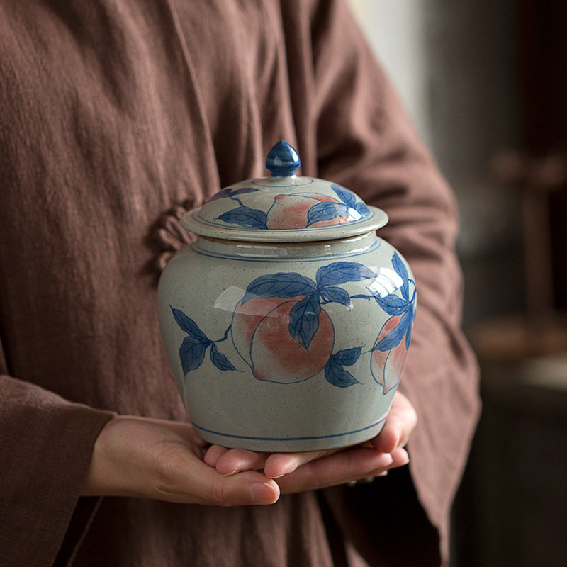 Jingdezhen hand-painted blue and white tea cans Coarse pottery retro underglaze color storage cans B & B features