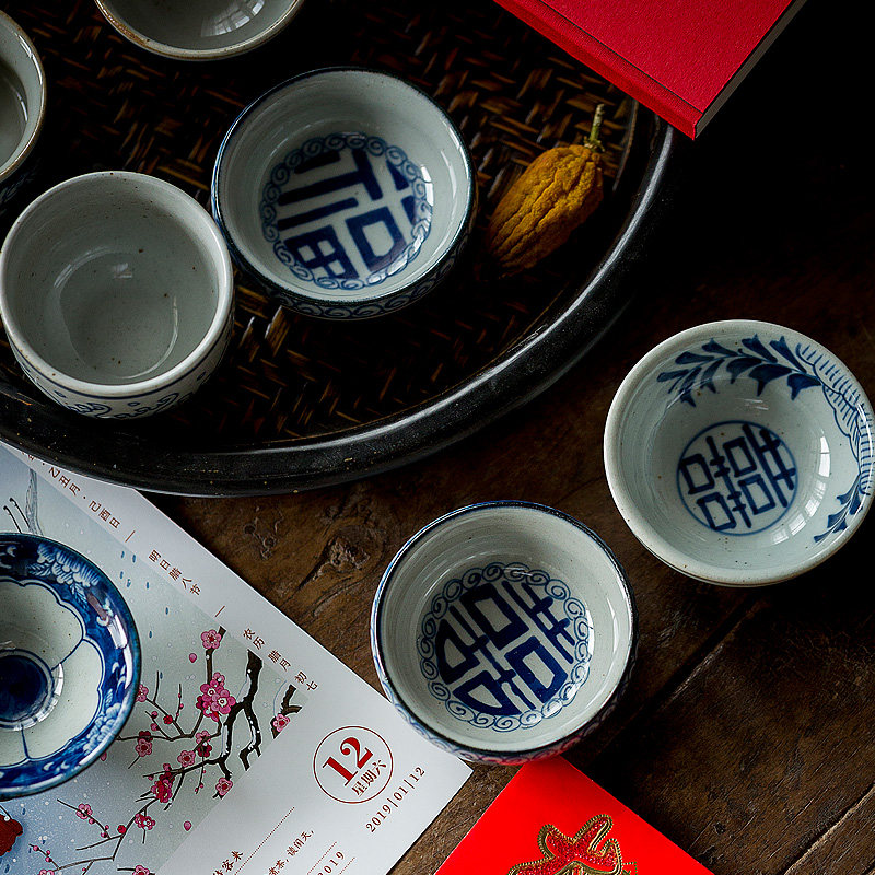 Jingdezhen imitated the ancient green flower tea cup pottery clay glazed under the color of the thick pottery and the Chinese character's tea house with a special tea set
