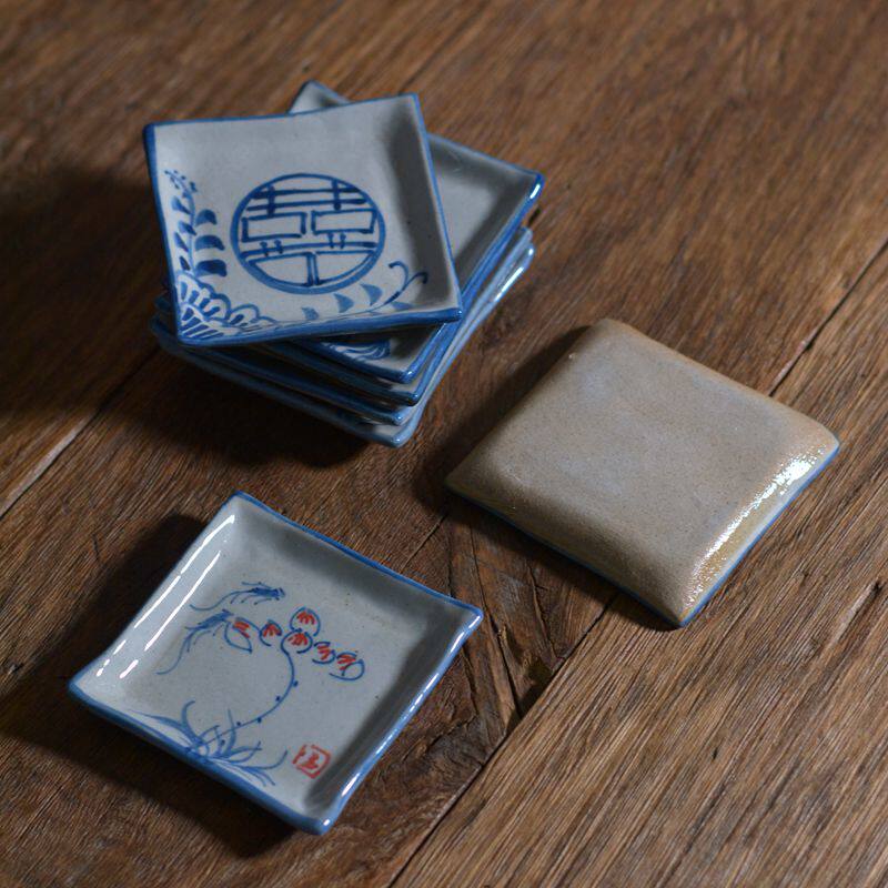 Jingdezhen Hand-painted Retro Green Flower cup Entrusted Glazed Coarse Pottery Quadrilateral Cup Mat Kongfu Tea Accessories