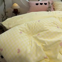 Sweetheart) 100-count girly heart yellow plaid washed cotton bed pure cotton four-piece set pure cotton bed sheet quilt cover dormitory