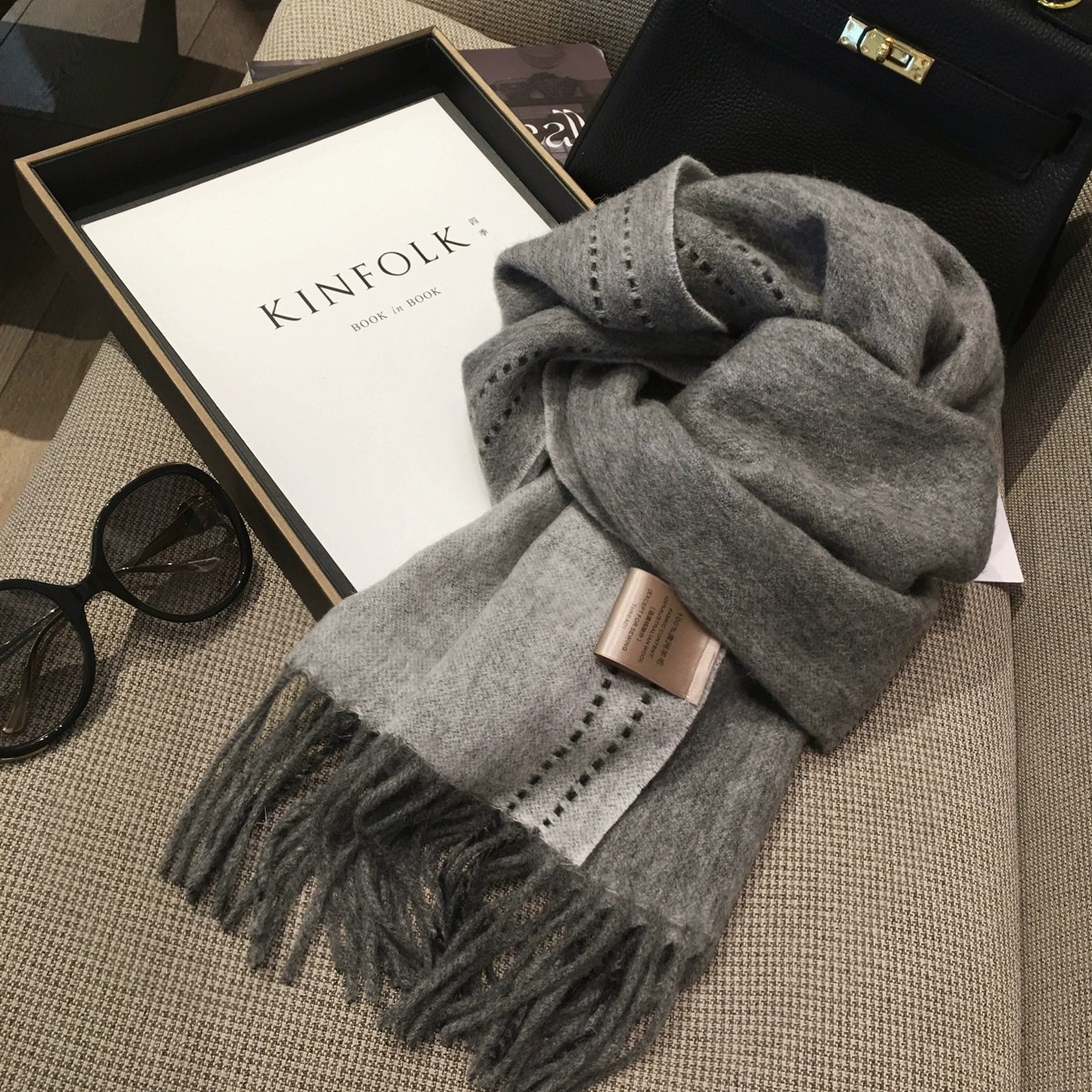 French Coor Keva Mountain Cashmere Scarf Woman Pure Color Stitches Design Bifacial Cashmere Shawl Winter Warm Surround Neck-Taobao