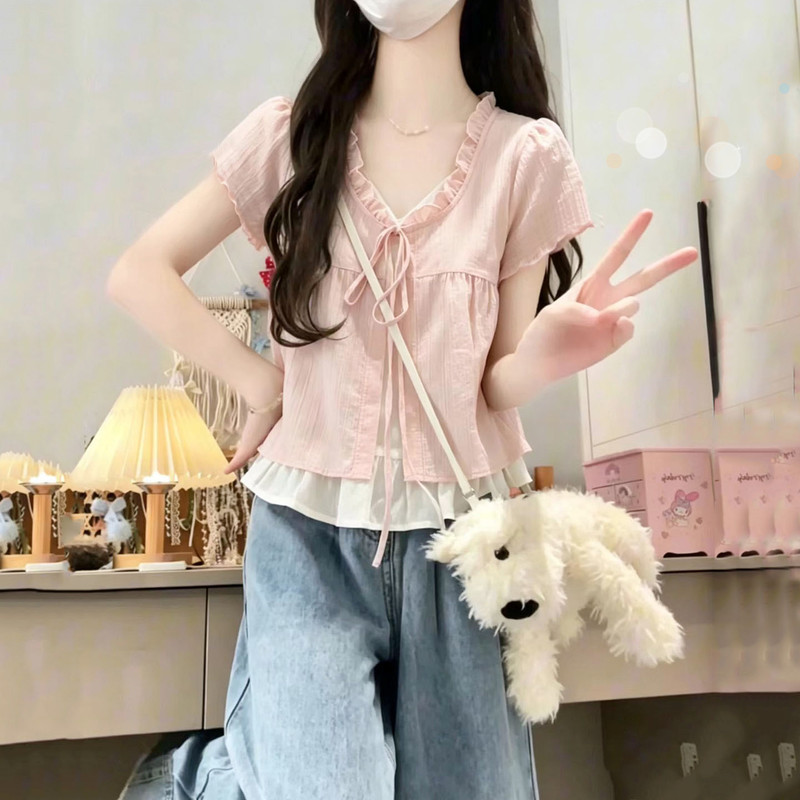 French-Style Chic and Fairy-Like Sweet Fake Two-Piece Short-Sleeve Shirt, Pink, Very Beautiful Doll Shirt, High-Class Intellectual Top for Summer