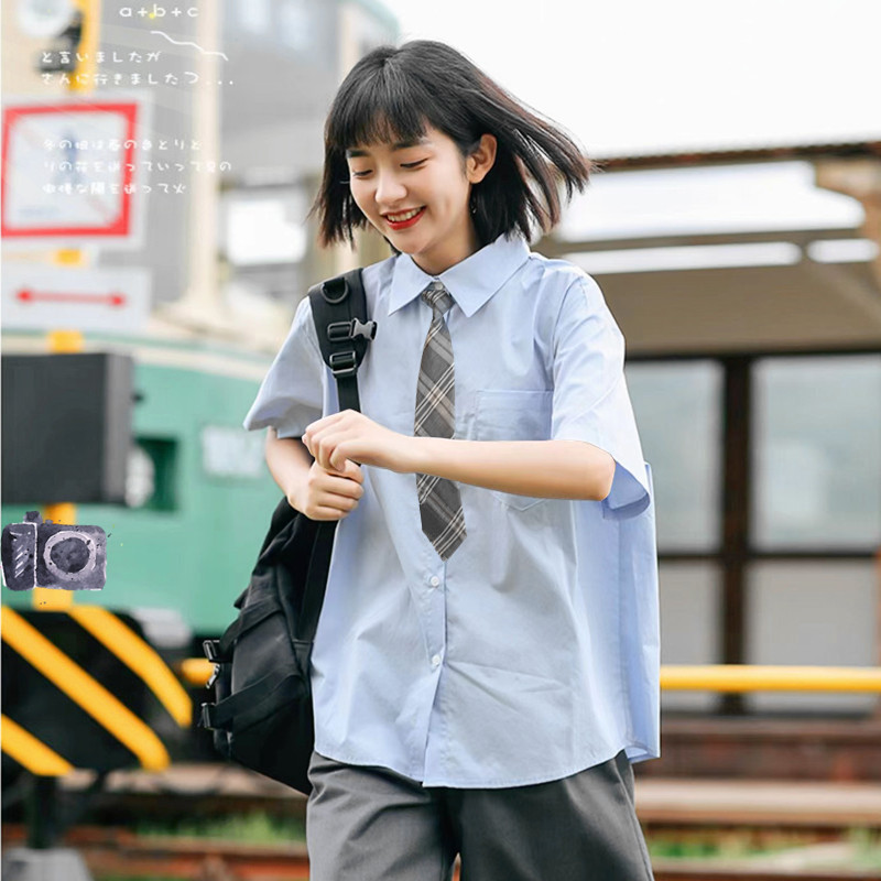 Korean-Style Blue Shirt for Petite Women, Summer Plus-Size Regular Shoulder Short-Sleeve Polo Shirt, Japanese College Style Shirt with Tie