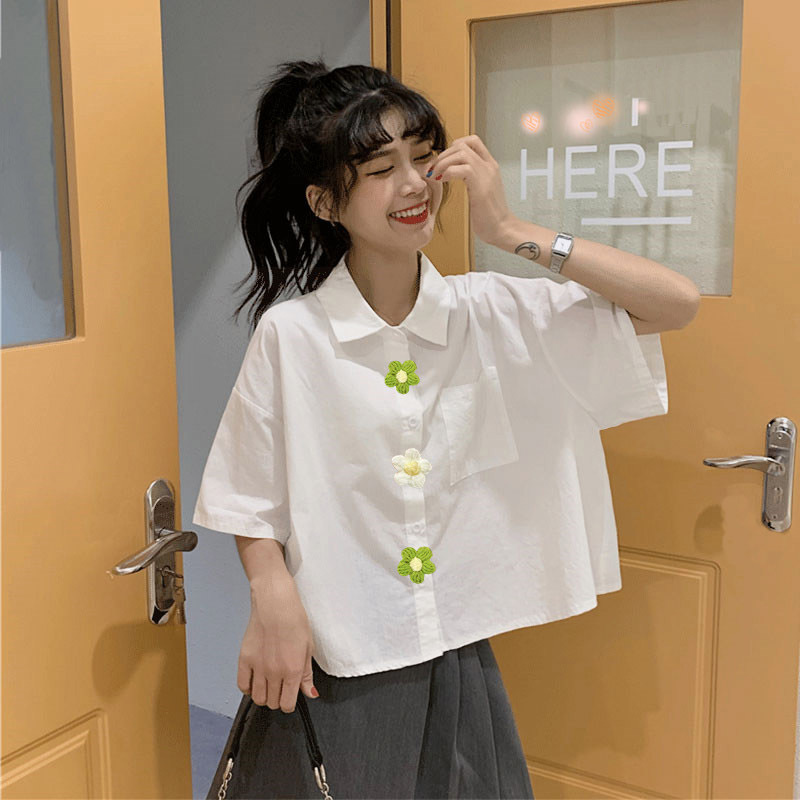 Pure Cotton Short-Sleeve Shirt for Women, Summer Design, Niche Style, Loose Fit, Fresh and Simple Polo Shirt, Short Version for Petite Sizes