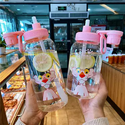 Large capacity water Cup Korean simple fresh cute tea cup portable cartoon glass straw Cup male female