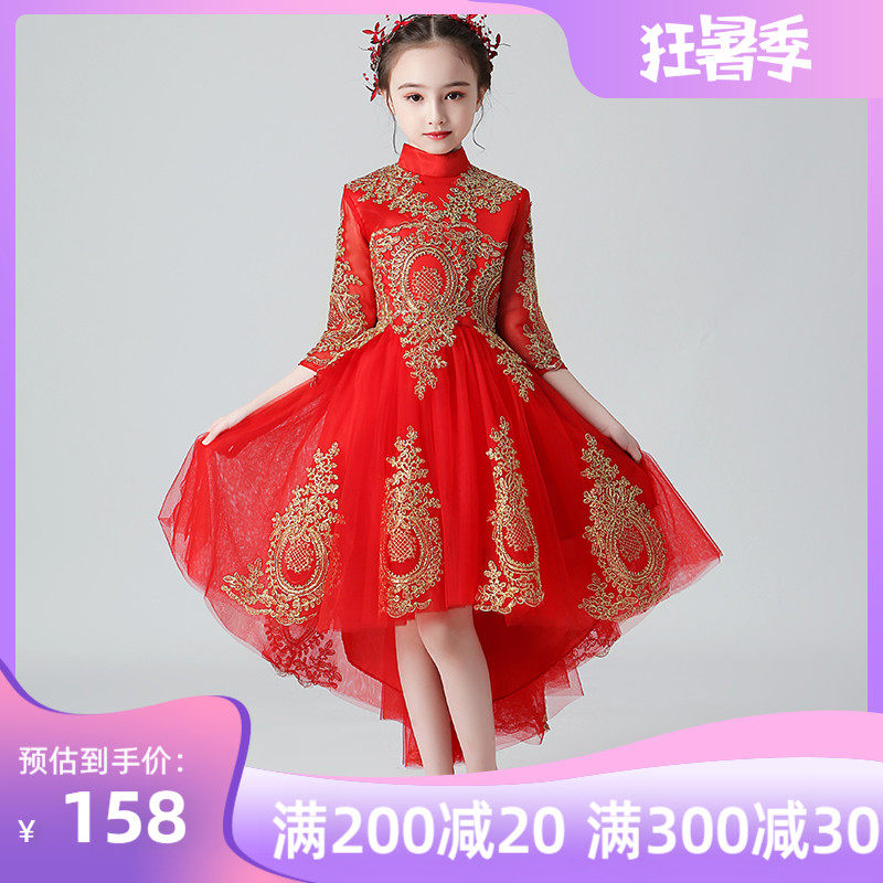 Chinese children's gown with long sleeves princess dress girl fluffy yarn flowers children's birthday evening gown show host acting out of autumn