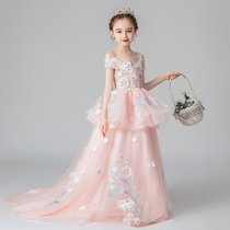 Princess dress girl fluffy yarn little girl foreign pistachio presenter Flowers Children Walk Show Tug Taily Dress Children Gown