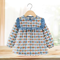 Синий лонгслив, квадратный вырез, в цветочек