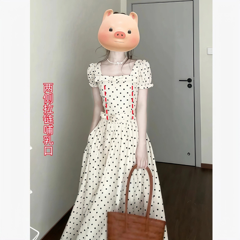 Summer Nursing Clothes for Going Out, Hot Mom Style, Postpartum Wear, Breastfeeding Clothes, French Polka Dot Waist-Cinching Slimming Nursing Dress