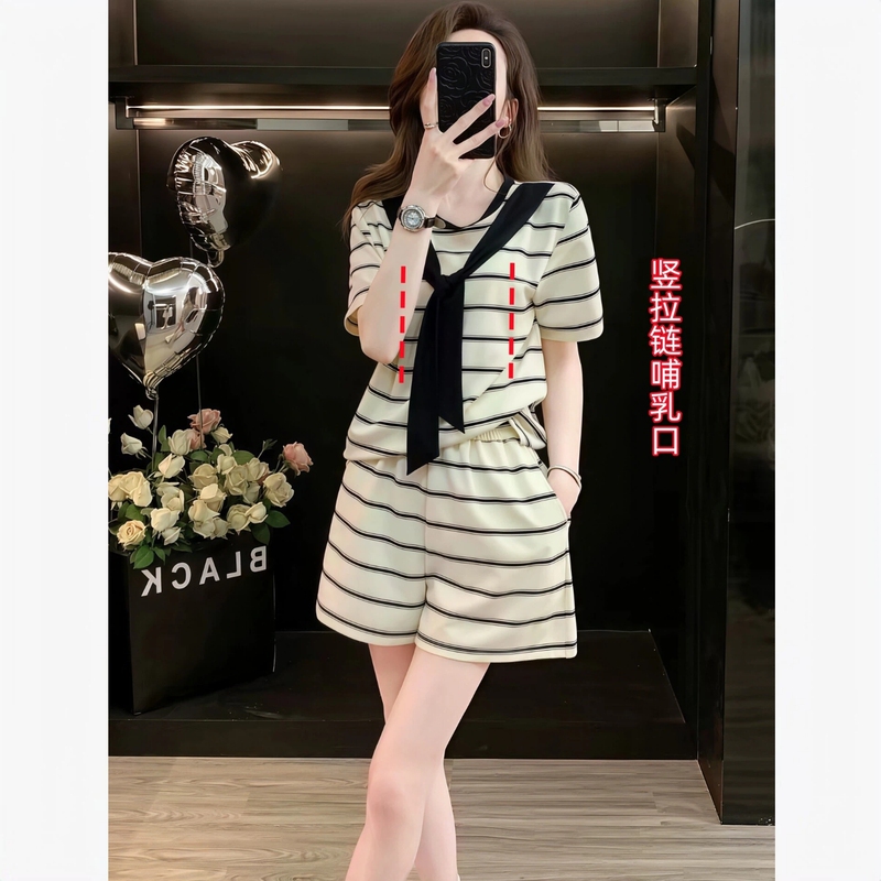 Summer Nursing Clothes for Going Out, Hot Mom Style, Postpartum Nursing Clothes + Shawl, Striped Casual Sports Nursing Set