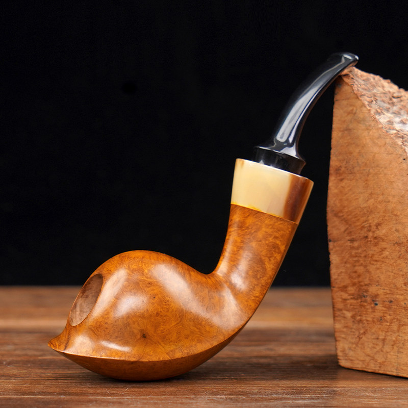 Heather glossy log color handmade horn ring puffer pipe men's old-fashioned solid wood tobacco bag pot