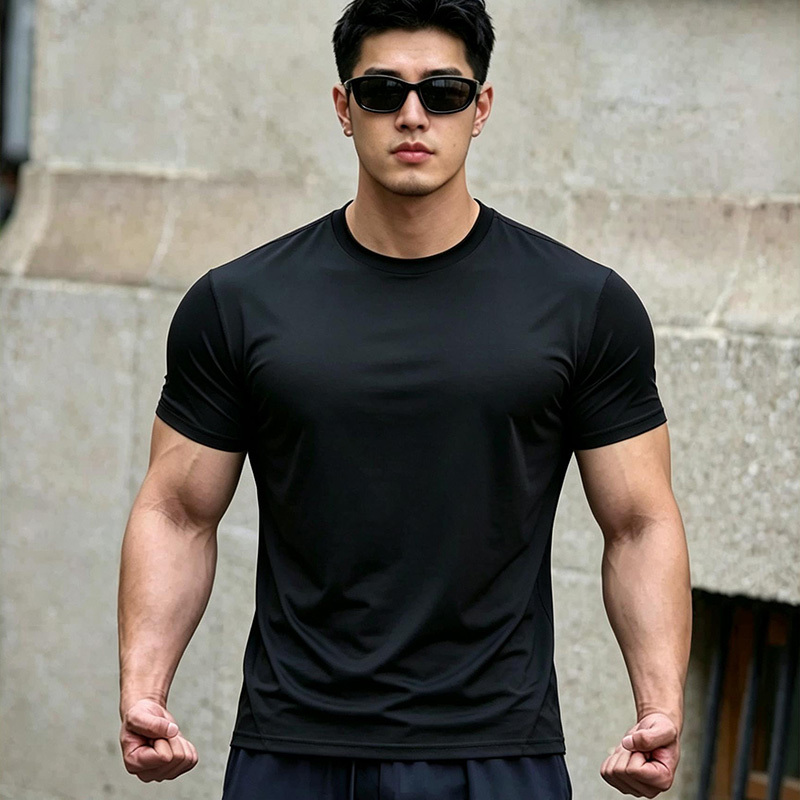 American Casual Sports Ice Silk Cool-Feeling Elastic Breathable Quick-Drying T-Shirt for Running and Fitness, Short-Sleeved Men's Thin Style with Cuffed Sleeves