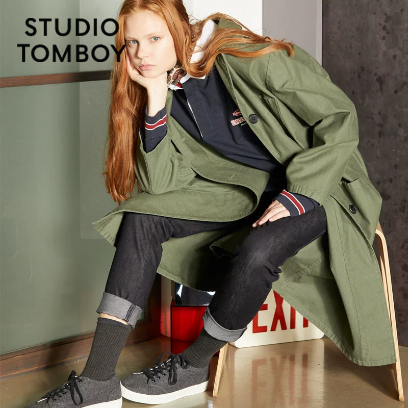 STUDIO TOMBOY mùa hè của phụ nữ phong cách Hàn Quốc lỏng lẻo giữa chiều dài ren áo khoác retro áo khoác gió - Trench Coat