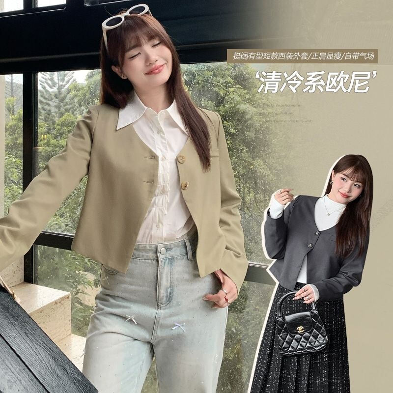 High-End V-Neck Blazer for Autumn, Plus-Size Short Jacket for Women, Slimming Top Coat 65079 Qiangming Women's Clothing