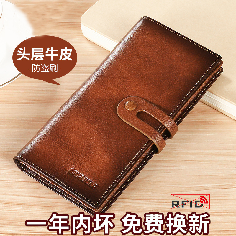 Men's Wallet Flagship Store Official Headlayer Bull Skin Multi screens Retro long version genuine leather clip Anti-theft brush Money clip