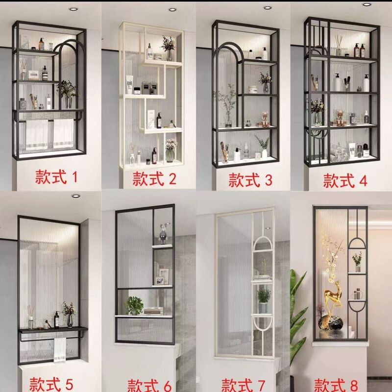 Bathroom Sink Half-Wall Glass Partition Screen, Light Luxury Wrought Iron Lattice Storage Decoration for Living Room and Entryway