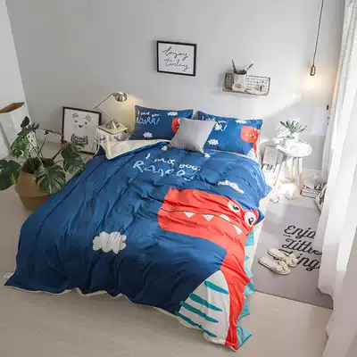 Children's quilt cover single piece Winter plus velvet coral Velvet crystal velvet cartoon dinosaur pink flannel