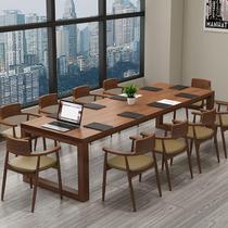Solid wood conference table long table log large board long table office desk and chair combination library walnut color reading table