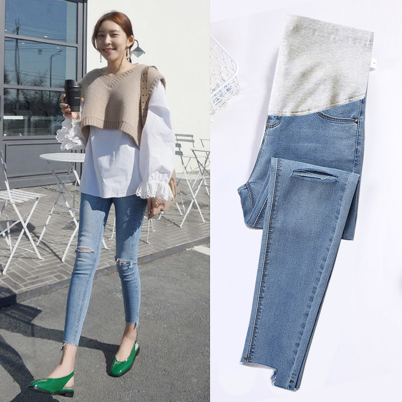 Pregnant woman pants spring and autumn outside wearing thin spring Summer Spring Fashion Chauma Fashion hit bottom 90% jeans small-footed belly