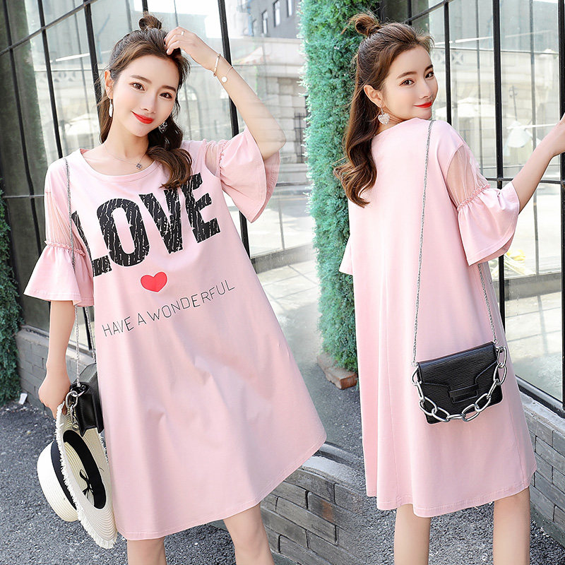 Pregnant Woman Summer Dress Foreign Dress New Fashion 2021 Mesh Yarn Leaking Shoulder Skirt Medium Long Version Loose Cotton Summer Blouse