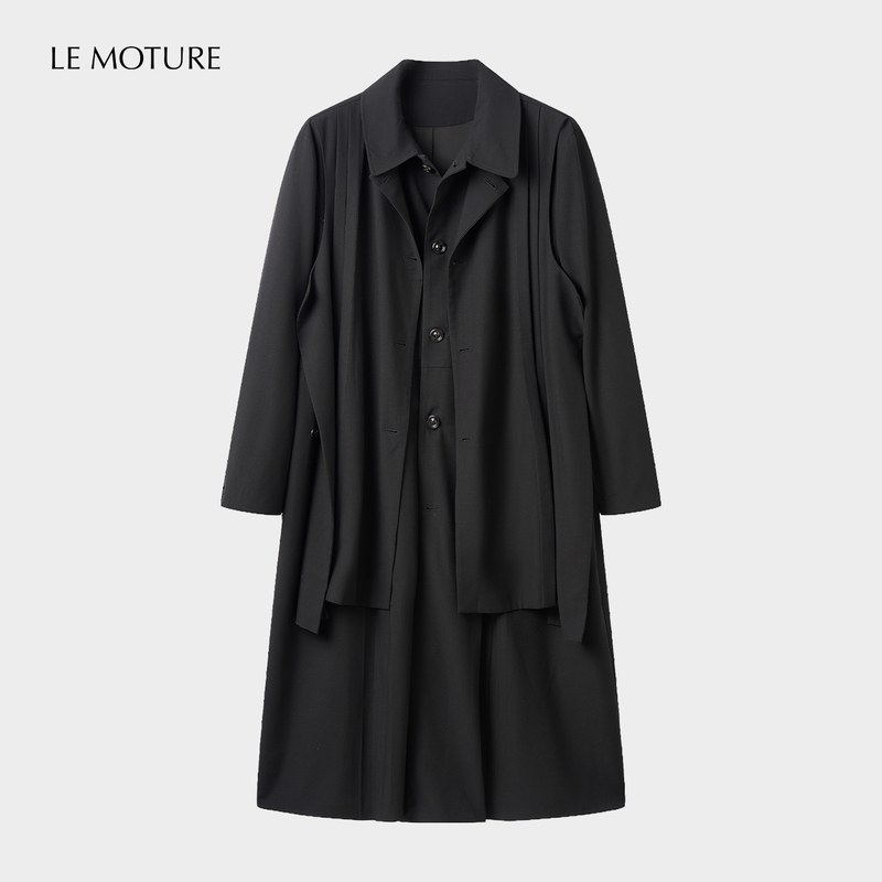 Lm'Nightingale' Double-Layer Faux Two-Piece Pleated Coat, Dark Lapel Pleated Design Trench Coat, Half Petal