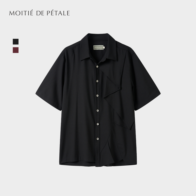 Half-Petal Texture Short-Sleeve Shirt with Asymmetrical Ruffles and Linen-Like Texture, Wrinkle-Resistant, Loose-Fitting, Dark Style Shirt Half-Petal Texture Short-Sleeve Shirt with Asymmetrical Ruffles and Linen-Like Texture, Wrinkle-Resistant, Loose-Fitting, Dark Style Shirt