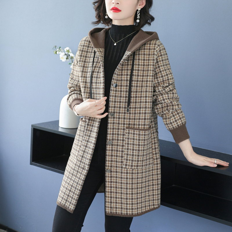 Mom's Plaid Trench Coat Woolen Coat Mid-Length Autumn and Winter Loose Large Size Middle-Aged and Elderly Hooded Double-Sided Cashmere Coat