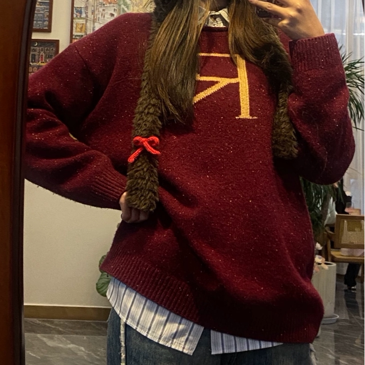 [Christmas Packaging] [Adult Size] All-Wool Ron R Red and Gold Letter Sweater [in Stock]