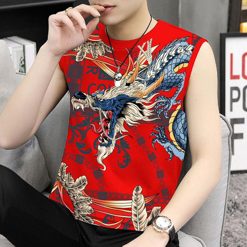 Ice Silk Cool Red Vest for Men, Sleeveless Sports New Style, Summer Thin Trendy Slim Fit Vest with Unique Print