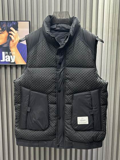 早冬新款男士立领羽绒棉菠萝纹马甲加厚防风保暖机能风背心无袖潮