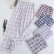 Summer pajamas Mens cotton thin long pants plaid cotton pants Summer cotton home clothes pants air conditioning pants