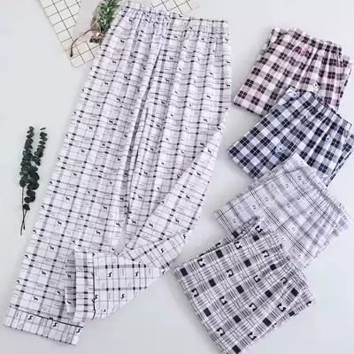 Summer pajamas men's cotton thin long trousers plaid cotton pants summer cotton home clothing pants air conditioning pants