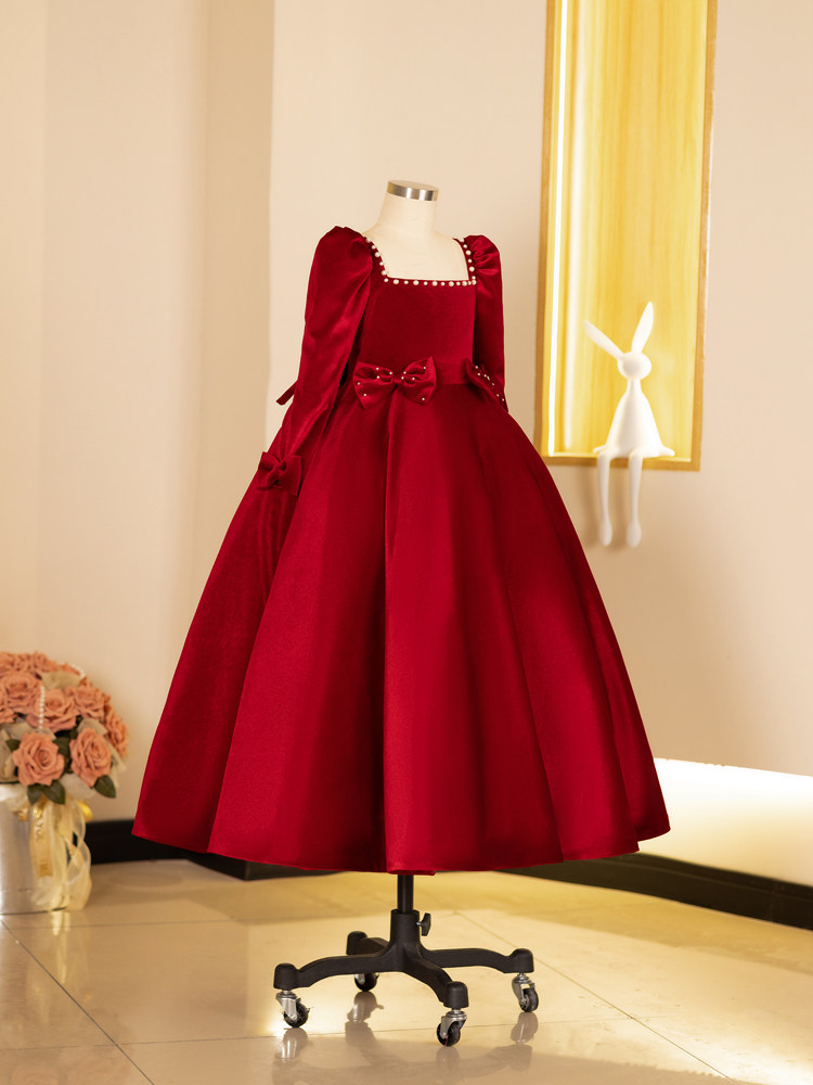 Girls' Dress 2025 New Model Girls' High-End Host Piano Performance Dress Little Girl's Birthday Princess Dress Red Winter
