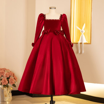 Girls' Dress 2025 New Model Girls' High-End Host Piano Performance Dress Little Girl's Birthday Princess Dress Red Winter